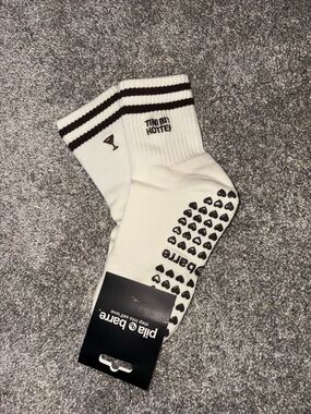 Pilates White Crew Socks with Brown Stripes - "Tiny But Hotter"